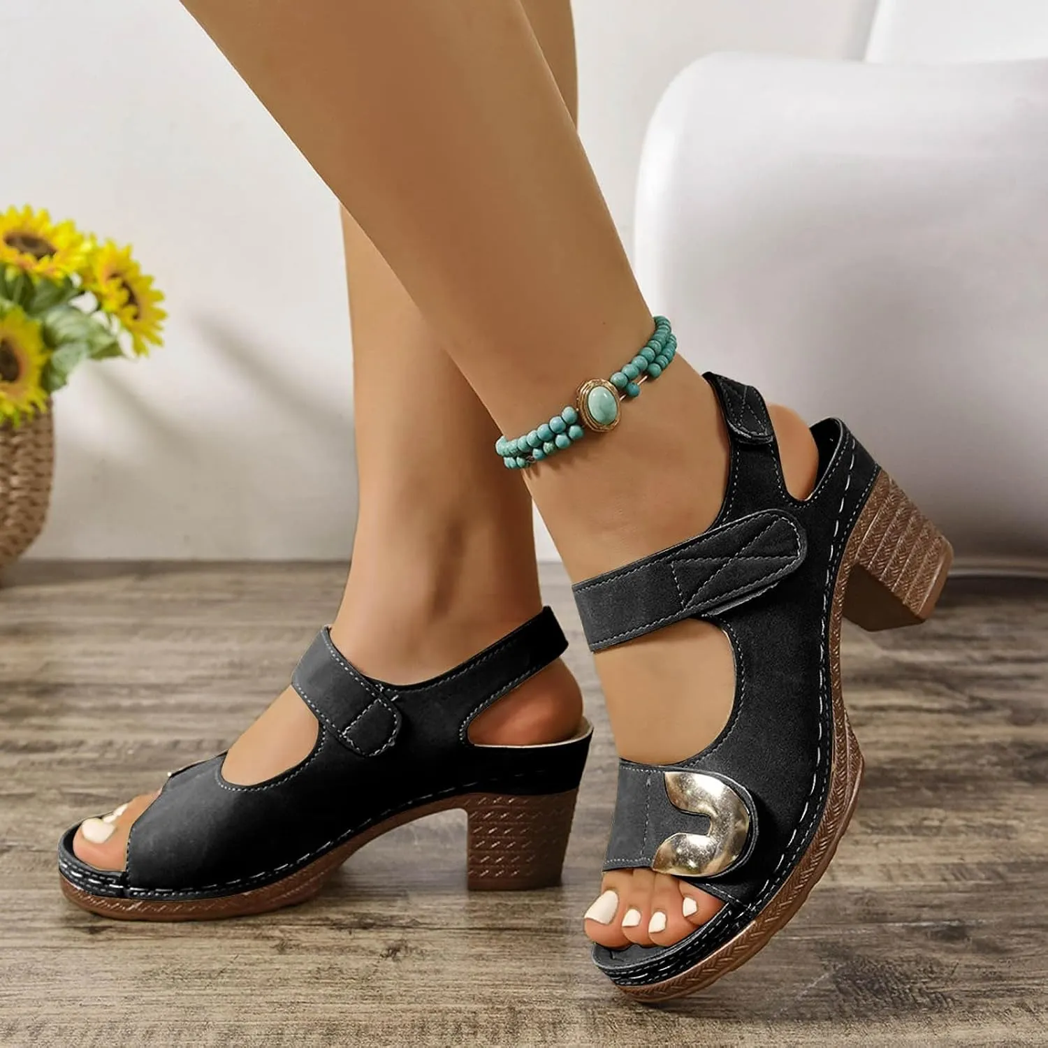 2025 Women Chunky Heels Sandals Summer Slip-On Non-Slip Open Toe Slides Comfortable Breathable Ladies Dress Wedge Heel Shoe Indoor/Outdoor Fashion Dance Party Walking Footwear