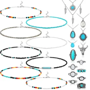 22 Pcs Western Choker Necklaces Rings Sets for Women, Western Bead Choker Silver Boho Turquoise Drop Pendant Necklaces Turquoise Rings Bohemian Hippie Cowgirl Necklaces Jewelry for Women