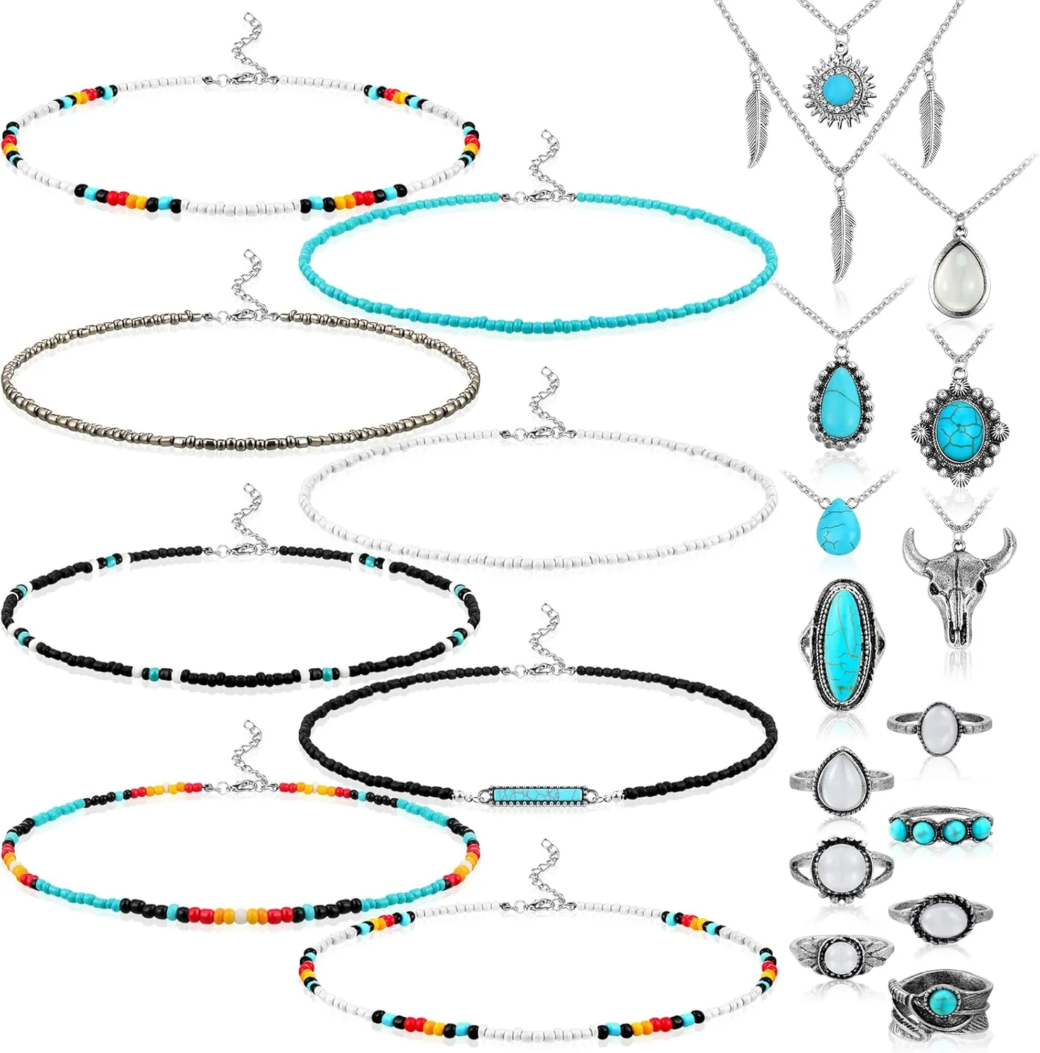 22 Pcs Western Choker Necklaces Rings Sets for Women, Western Bead Choker Silver Boho Turquoise Drop Pendant Necklaces Turquoise Rings Bohemian Hippie Cowgirl Necklaces Jewelry for Women