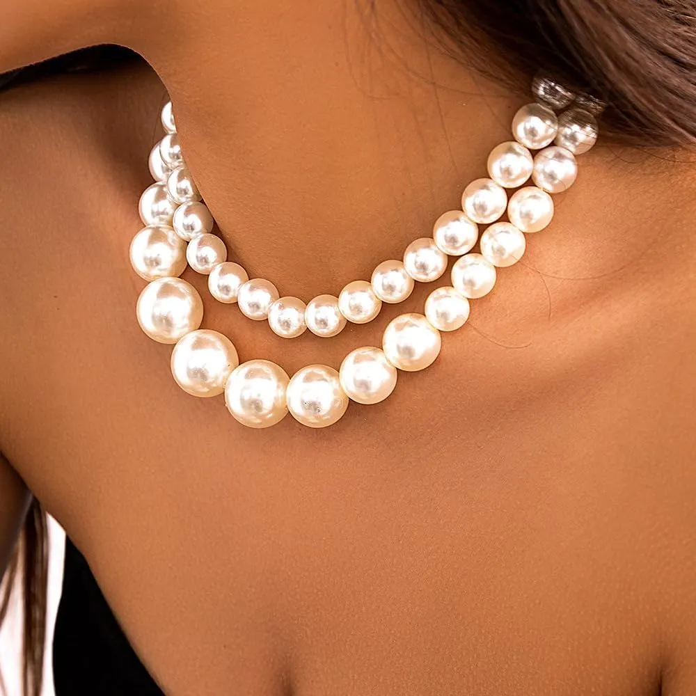 2Pcs Large Pearl Necklaces for Women Layered Chunky Pearl Choker Necklaces Set Exaggerated Big Statement Necklaces Trendy Jewelry Accessory Gifts