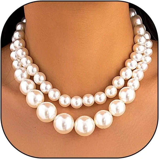 2Pcs Large Pearl Necklaces for Women Layered Chunky Pearl Choker Necklaces Set Exaggerated Big Statement Necklaces Trendy Jewelry Accessory Gifts