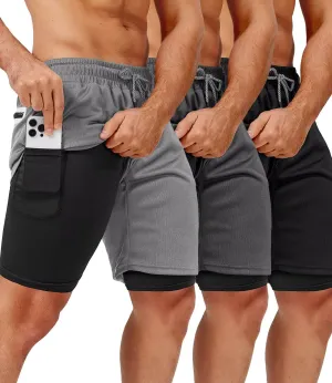 3 Pack Men's 2 In1 Gym Shorts Men with Pockets 7 inch Workout Shorts Men Running Shorts with Liner&Towel Loop