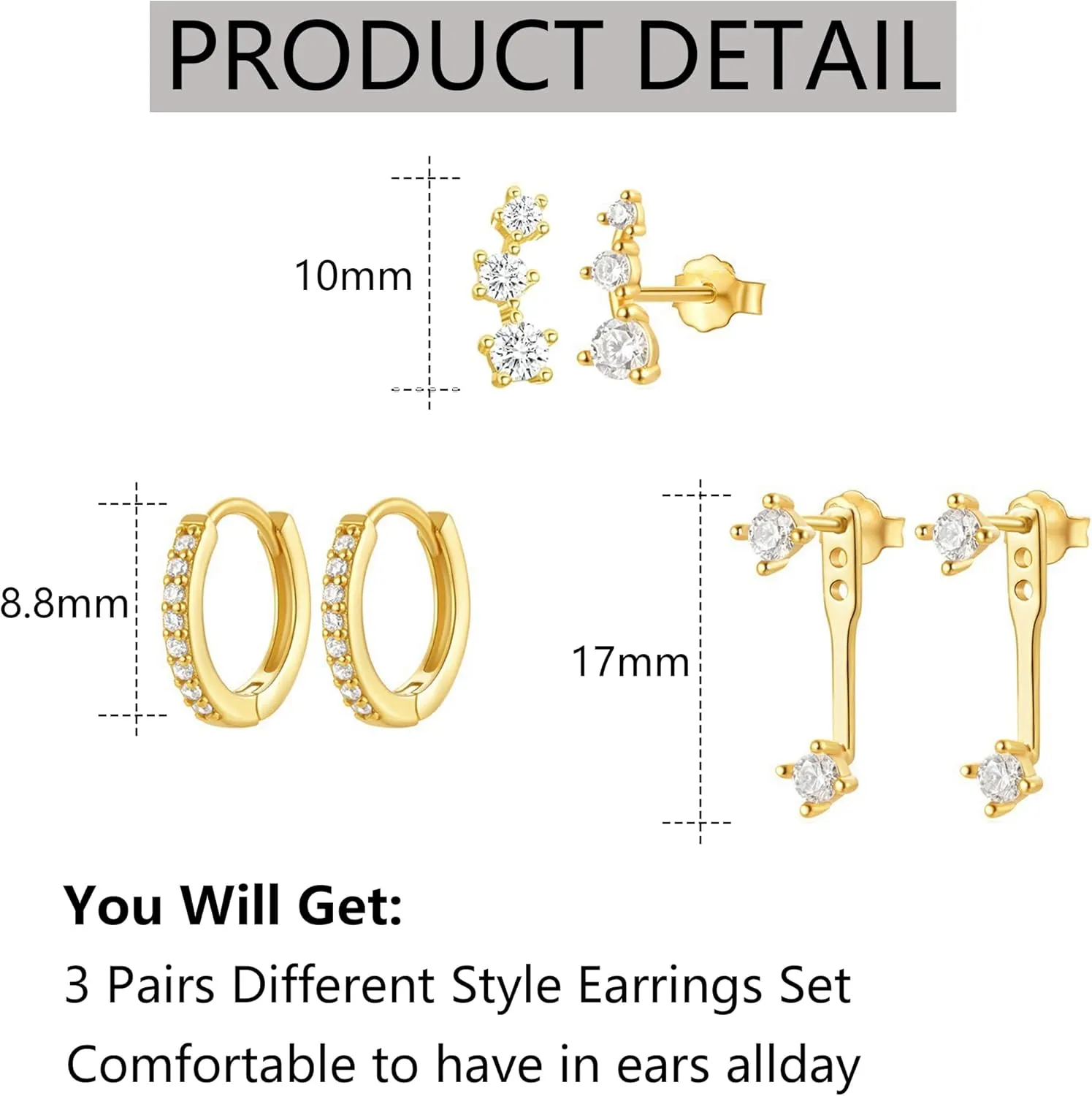 3 Pair Earring Set Gold Small Hoop Earrings Sets for Multiple Piercing Small Stud Earrings for Women Dainty Earrings for Women