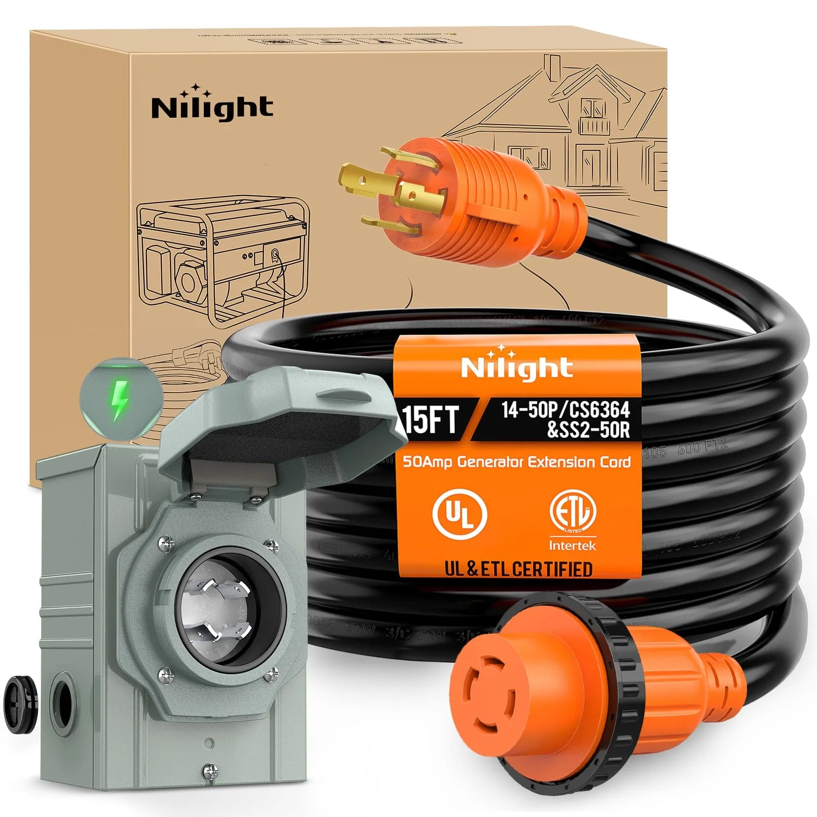 30A 15FT Generator Extension Cord Power Inlet Box with Locking Connector