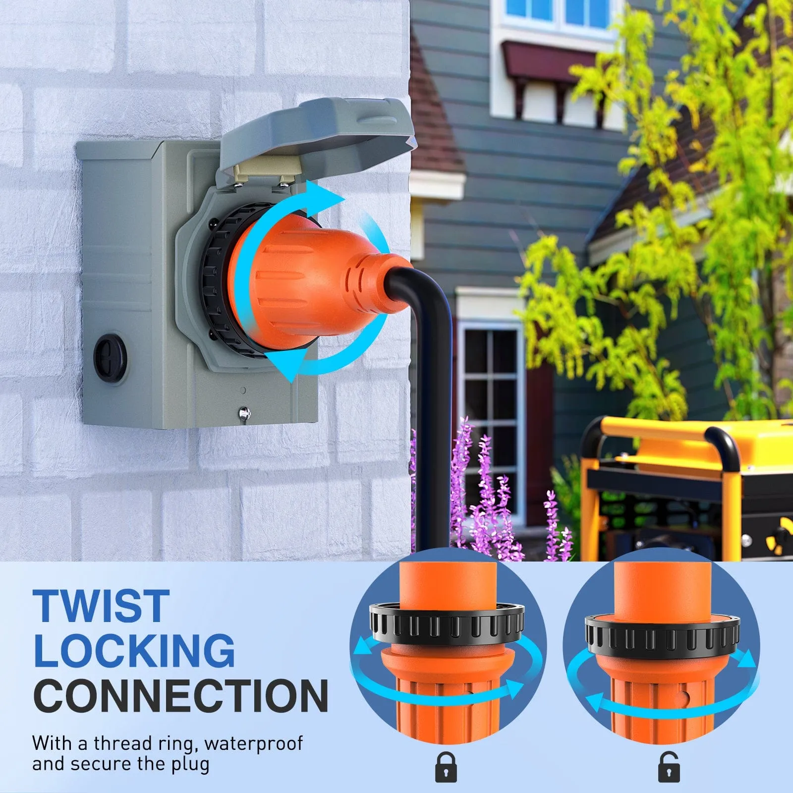 30A 15FT Generator Extension Cord Power Inlet Box with Locking Connector