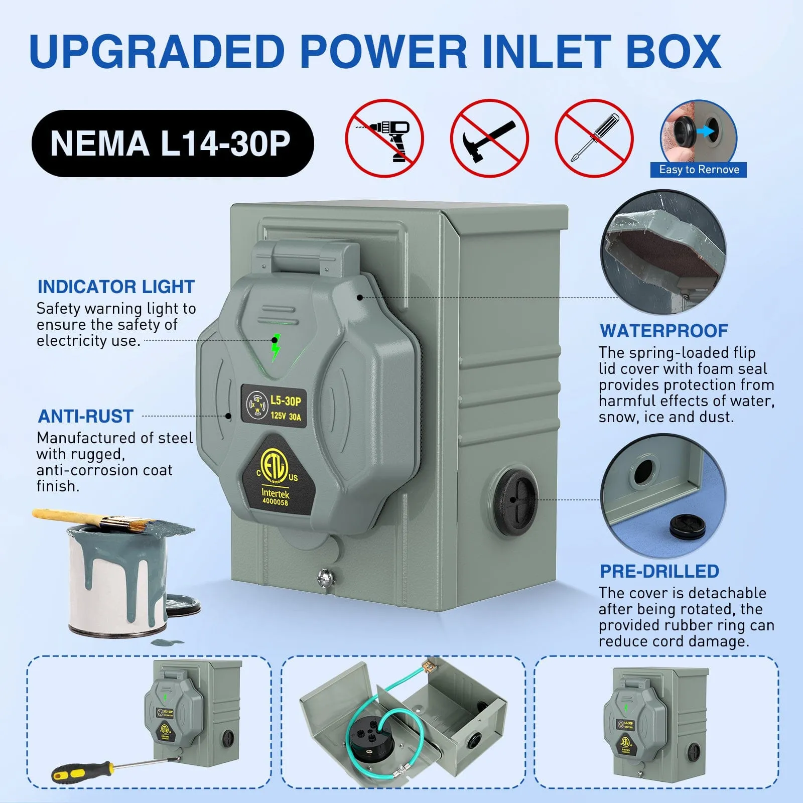 30A 15FT Generator Extension Cord Power Inlet Box with Locking Connector