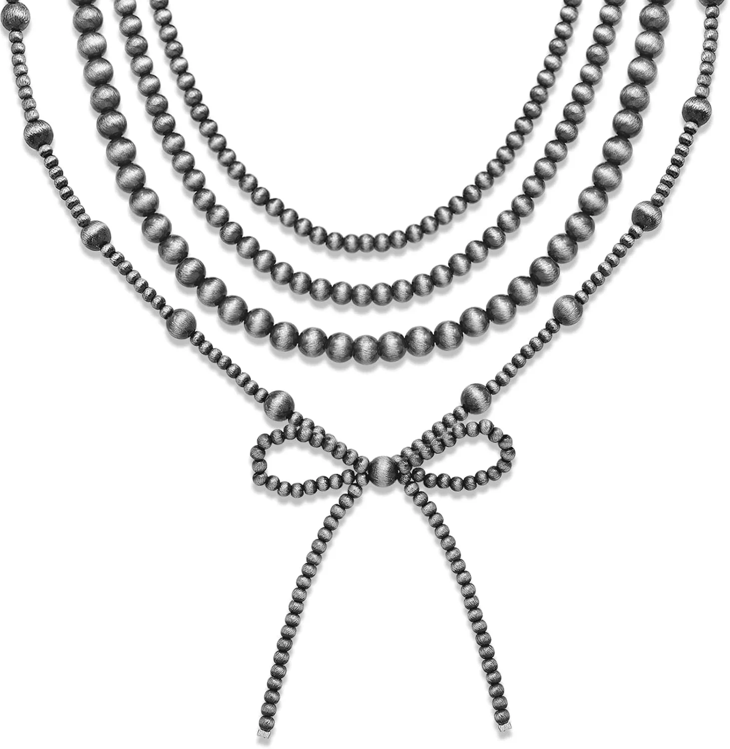 4pcs Western Navajo Pearl Stackble Necklace Jewelry For Women Beaded Chain Bow Pendant Boho Handmade Long Layered Country Concert Necklace Set