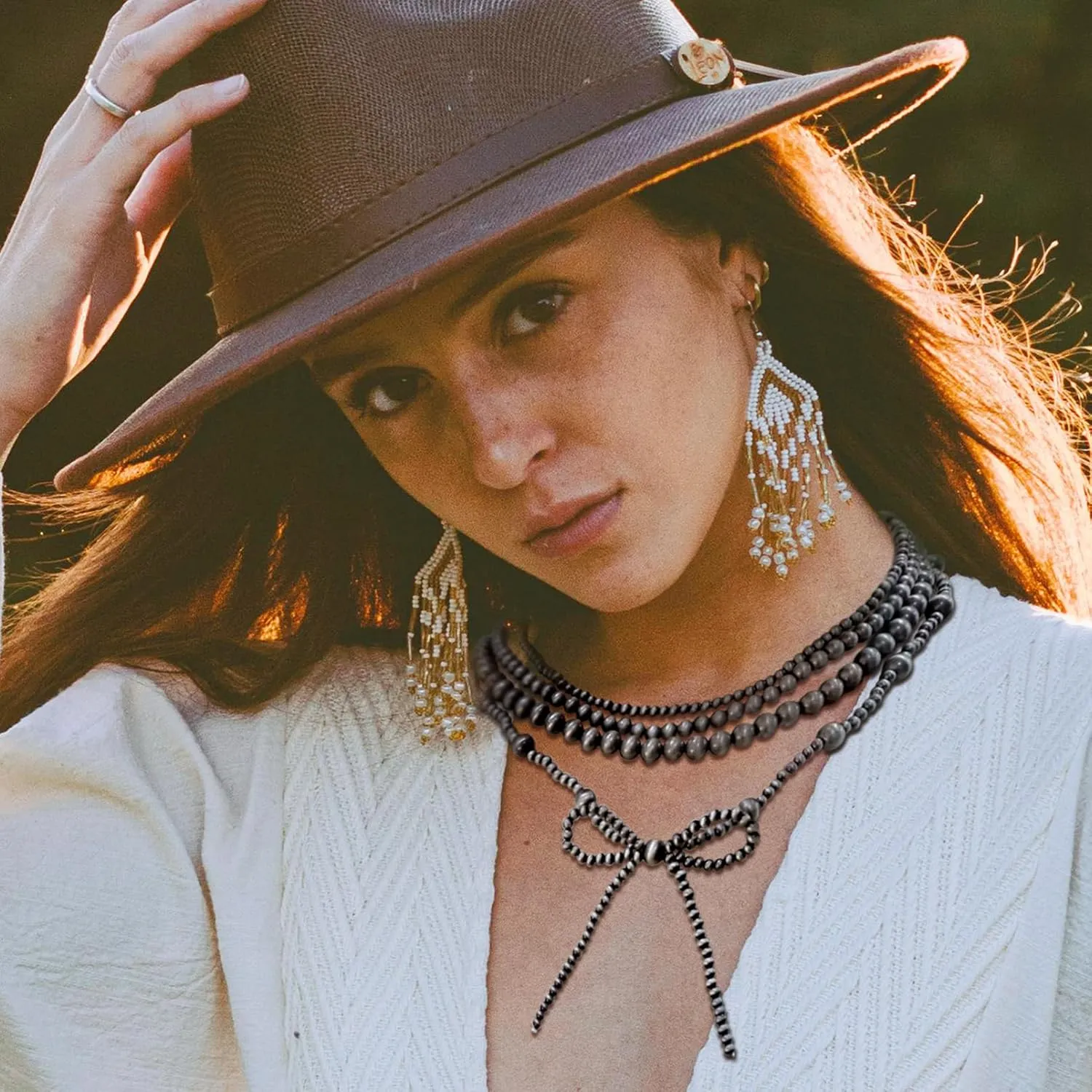 4pcs Western Navajo Pearl Stackble Necklace Jewelry For Women Beaded Chain Bow Pendant Boho Handmade Long Layered Country Concert Necklace Set