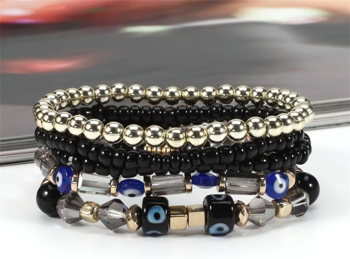 5Pcs Bohemian Stackable Beaded Bracelets Set for Women,Multilayer Evil Eye Bracelets,Boho Layered Strand Bead Bracelets, Handmade Crystal Lucky Protection Stretch Bracelets for Women
