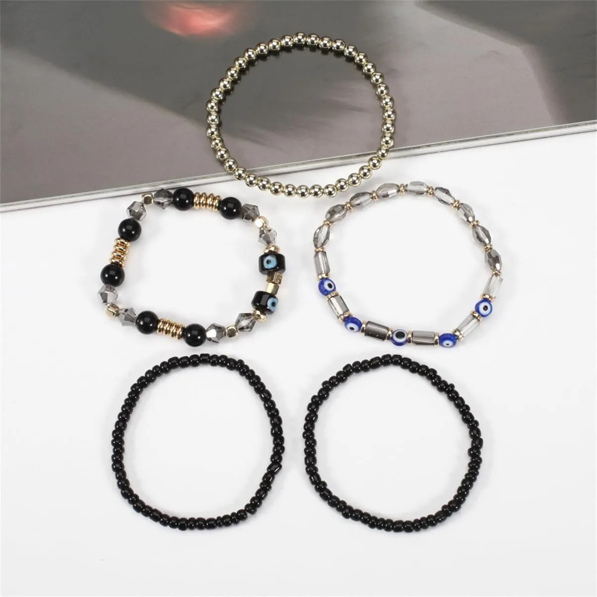 5Pcs Bohemian Stackable Beaded Bracelets Set for Women,Multilayer Evil Eye Bracelets,Boho Layered Strand Bead Bracelets, Handmade Crystal Lucky Protection Stretch Bracelets for Women