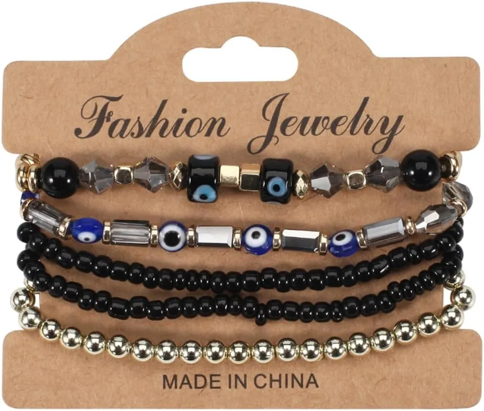 5Pcs Bohemian Stackable Beaded Bracelets Set for Women,Multilayer Evil Eye Bracelets,Boho Layered Strand Bead Bracelets, Handmade Crystal Lucky Protection Stretch Bracelets for Women