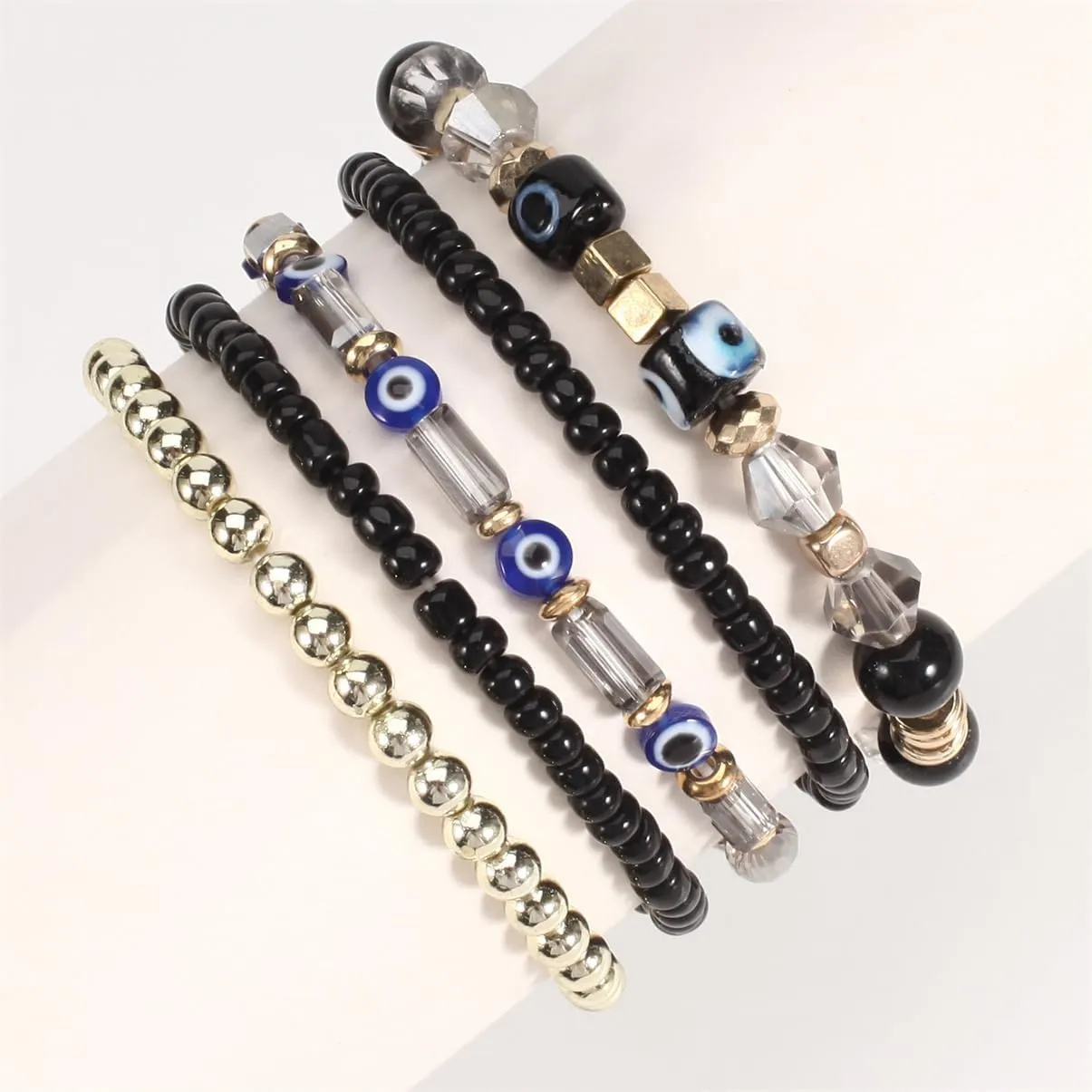 5Pcs Bohemian Stackable Beaded Bracelets Set for Women,Multilayer Evil Eye Bracelets,Boho Layered Strand Bead Bracelets, Handmade Crystal Lucky Protection Stretch Bracelets for Women