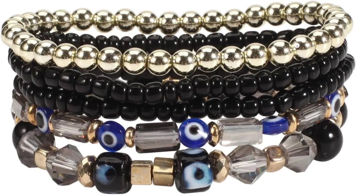 5Pcs Bohemian Stackable Beaded Bracelets Set for Women,Multilayer Evil Eye Bracelets,Boho Layered Strand Bead Bracelets, Handmade Crystal Lucky Protection Stretch Bracelets for Women