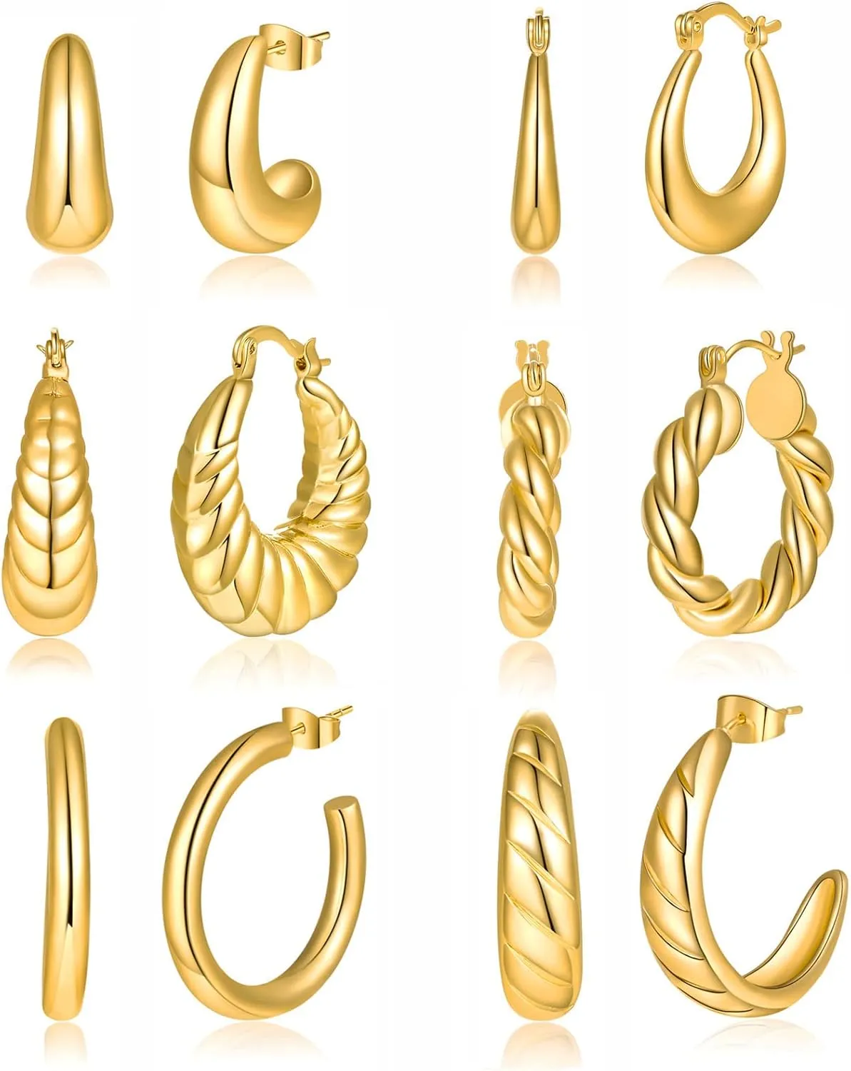 6 Pairs Chunky Gold Hoop Earrings Set 14K Gold Plated Thick Open Hoop Earings Multi Pack Tube Twisted Hoops for Women