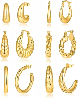 6 Pairs Chunky Gold Hoop Earrings Set 14K Gold Plated Thick Open Hoop Earings Multi Pack Tube Twisted Hoops for Women