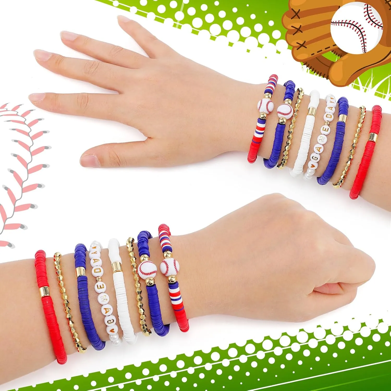 8 Pcs Baseball Game Day Bracelets Mom Bracelets Beaded Stretch Bracelets Stackable Sports Baseball Charm Bracelet Accessories for Women Outfit Jewelry Gifts