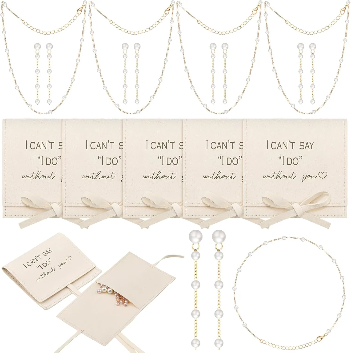 8 Sets Bridesmaids Pearl Jewelry Set Proposal Gift Bridesmaids Jewelry Pouch with Bow Tie I Can't Say I Do Without You Wedding Bride Shower Gifts(Beige)