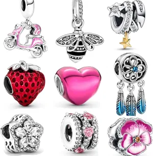 9 Pack Silver Bead Charms for Pandora Bracelets and Necklaces Charm for Woman Dangle Pendant Beads Set