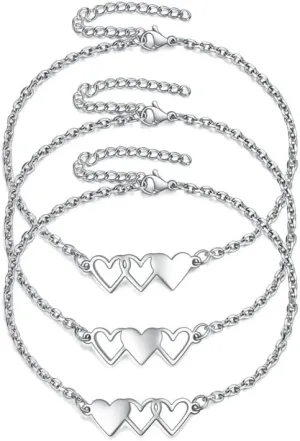 925 Sterling Silver 3Pcs Best Friend Forever Bracelets for Women - Matching BFF Bracelets Heart Bracelets for 3 Way Friendship Bracelets For 3 Ladies Bestie BFF Jewelry Gifts
