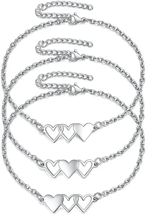 925 Sterling Silver 3Pcs Best Friend Forever Bracelets for Women - Matching BFF Bracelets Heart Bracelets for 3 Way Friendship Bracelets For 3 Ladies Bestie BFF Jewelry Gifts