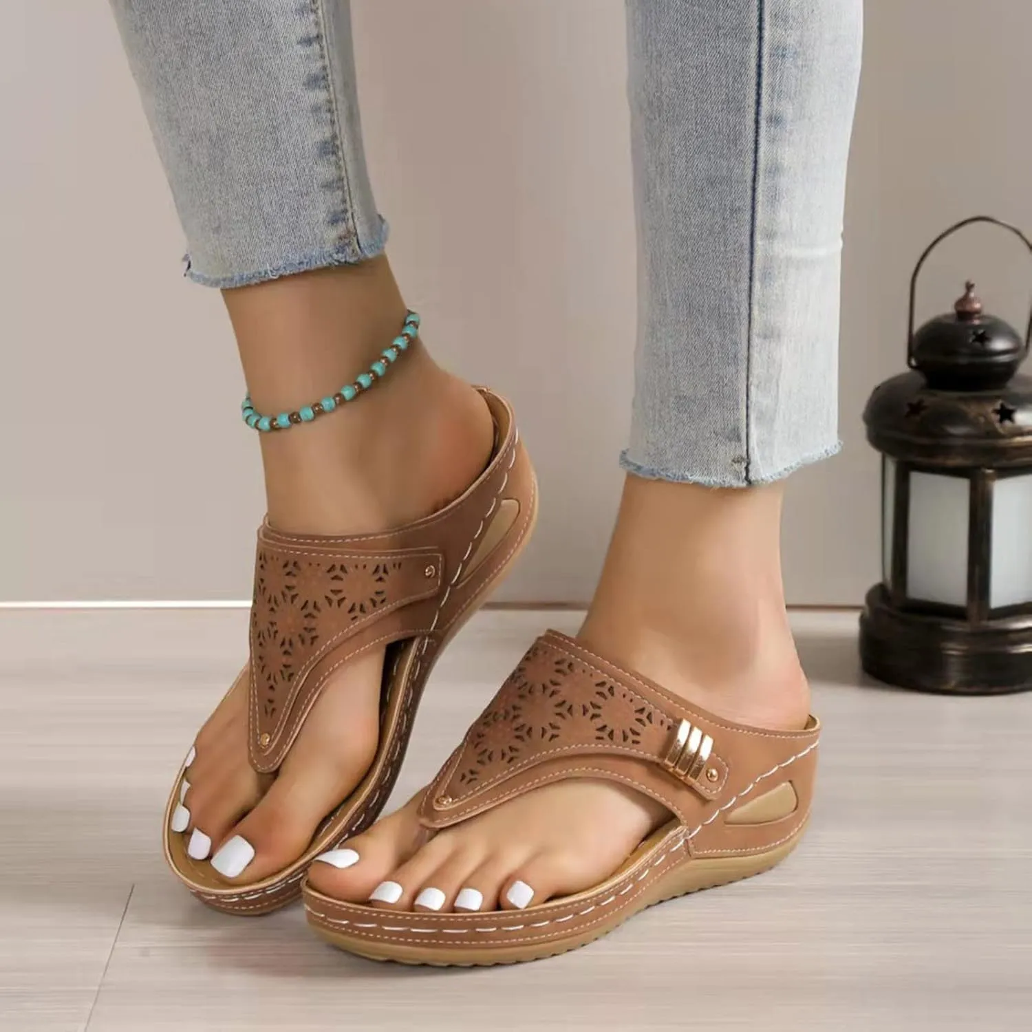 AMDBEL Orthopedic Sandals for Women, Ladies Casual Summer Sandals Comfy Slip On Wedge Sandals Slippers Arch Support Shoes