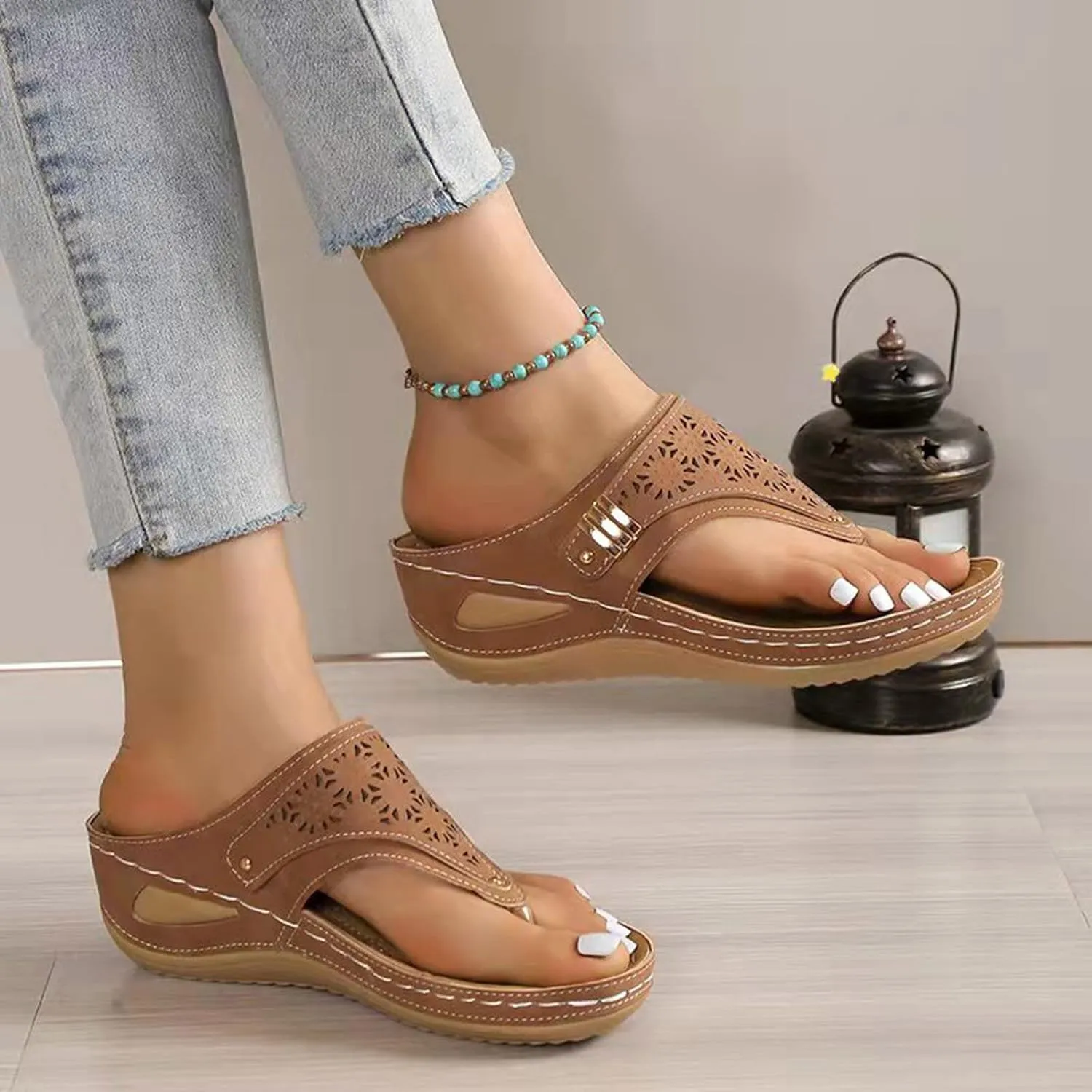 AMDBEL Orthopedic Sandals for Women, Ladies Casual Summer Sandals Comfy Slip On Wedge Sandals Slippers Arch Support Shoes