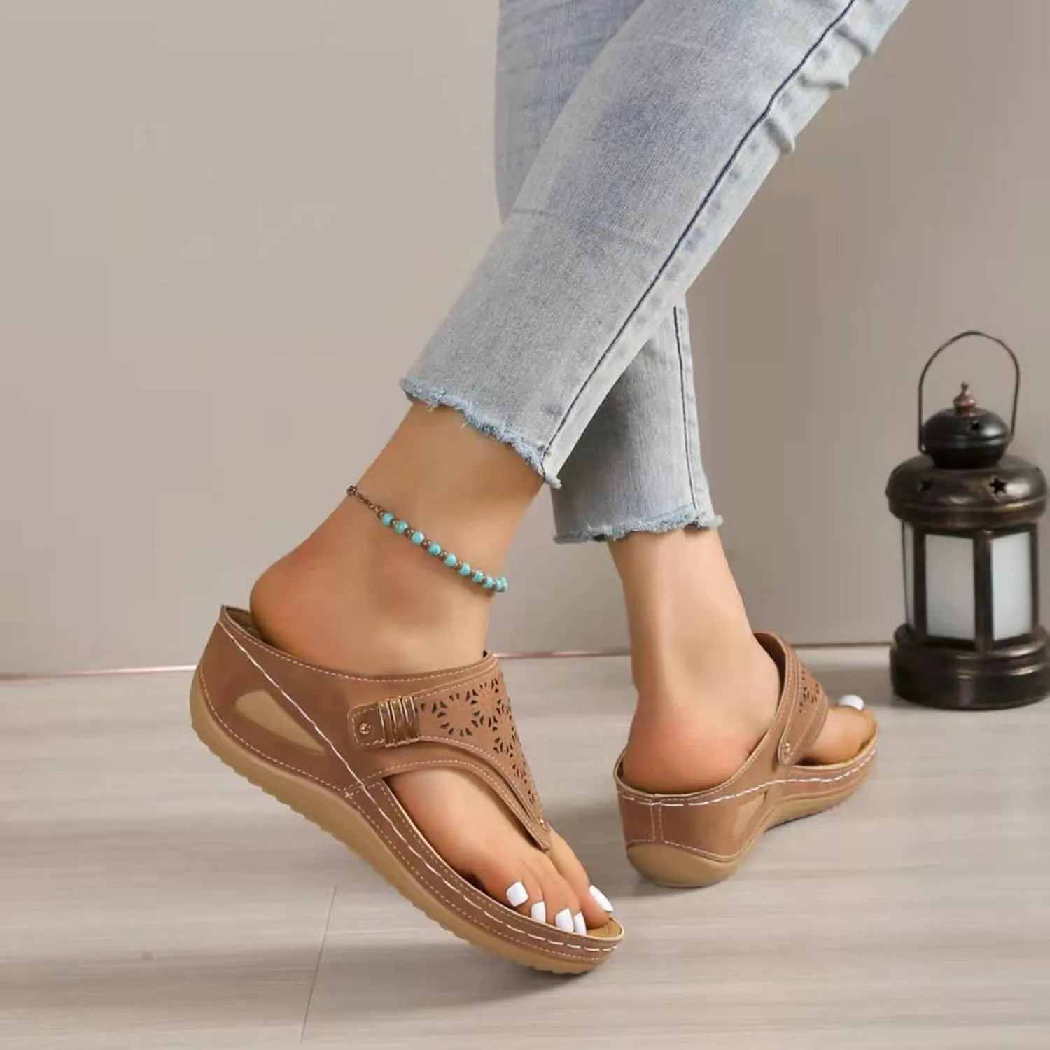 AMDBEL Orthopedic Sandals for Women, Ladies Casual Summer Sandals Comfy Slip On Wedge Sandals Slippers Arch Support Shoes