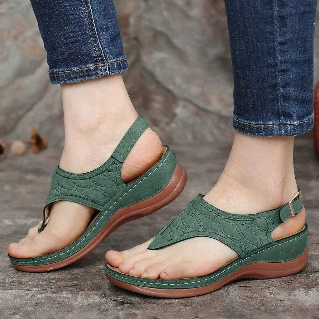 AMDBEL Sandals for Women 2024 Comfortable Platform Thong Flat Shoes Leather Foam Beach Sandals Vacation Embroidery Sandals
