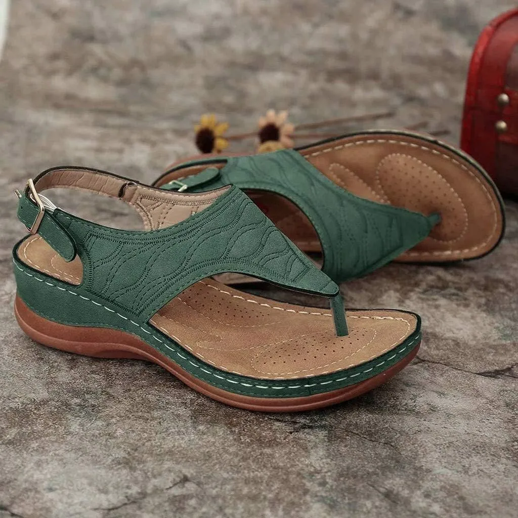AMDBEL Sandals for Women 2024 Comfortable Platform Thong Flat Shoes Leather Foam Beach Sandals Vacation Embroidery Sandals
