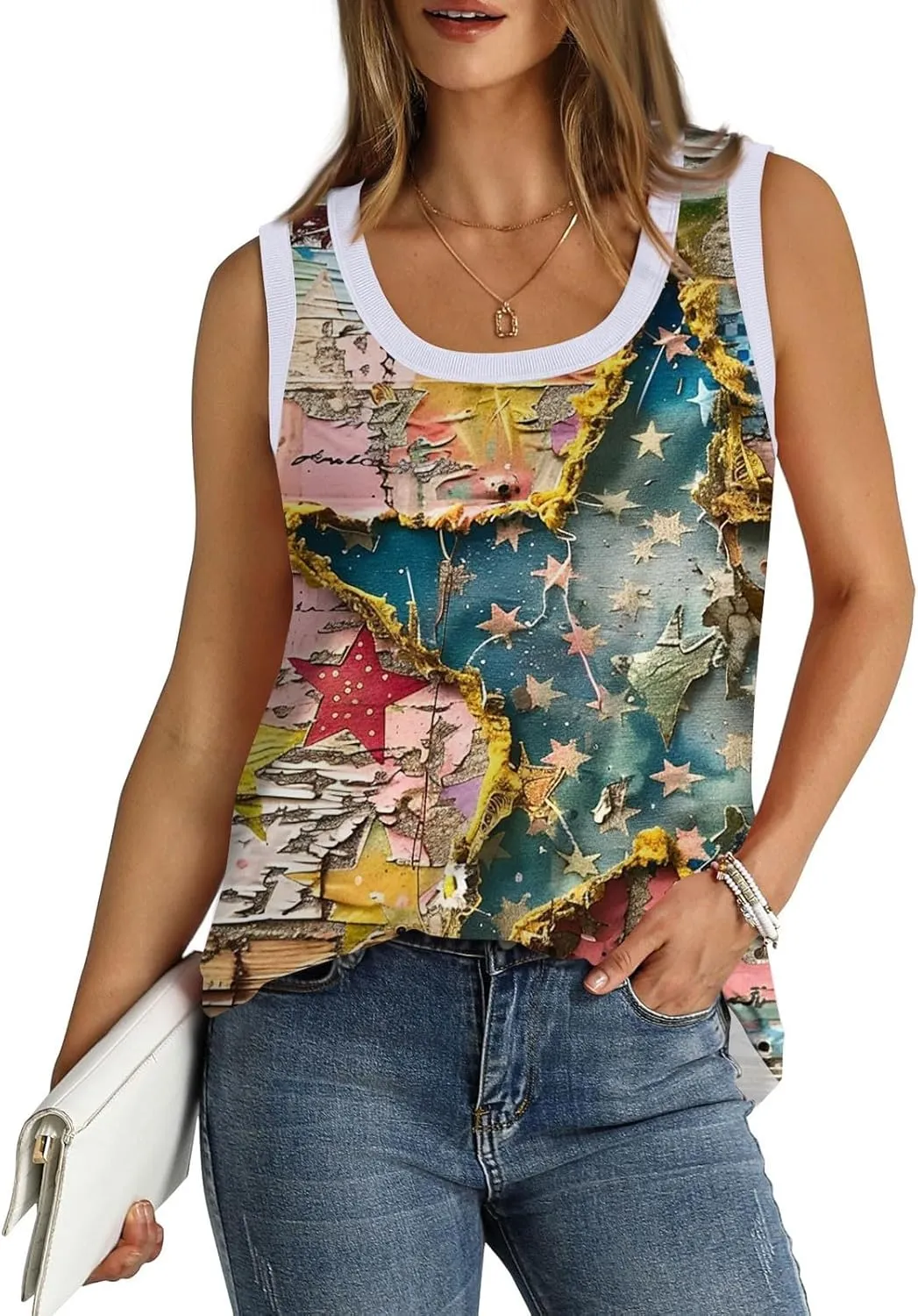 American Flag Tank Tops Women Patriotic Shirt USA Stars Stripes Print Sleeveless T-Shirt Summer
