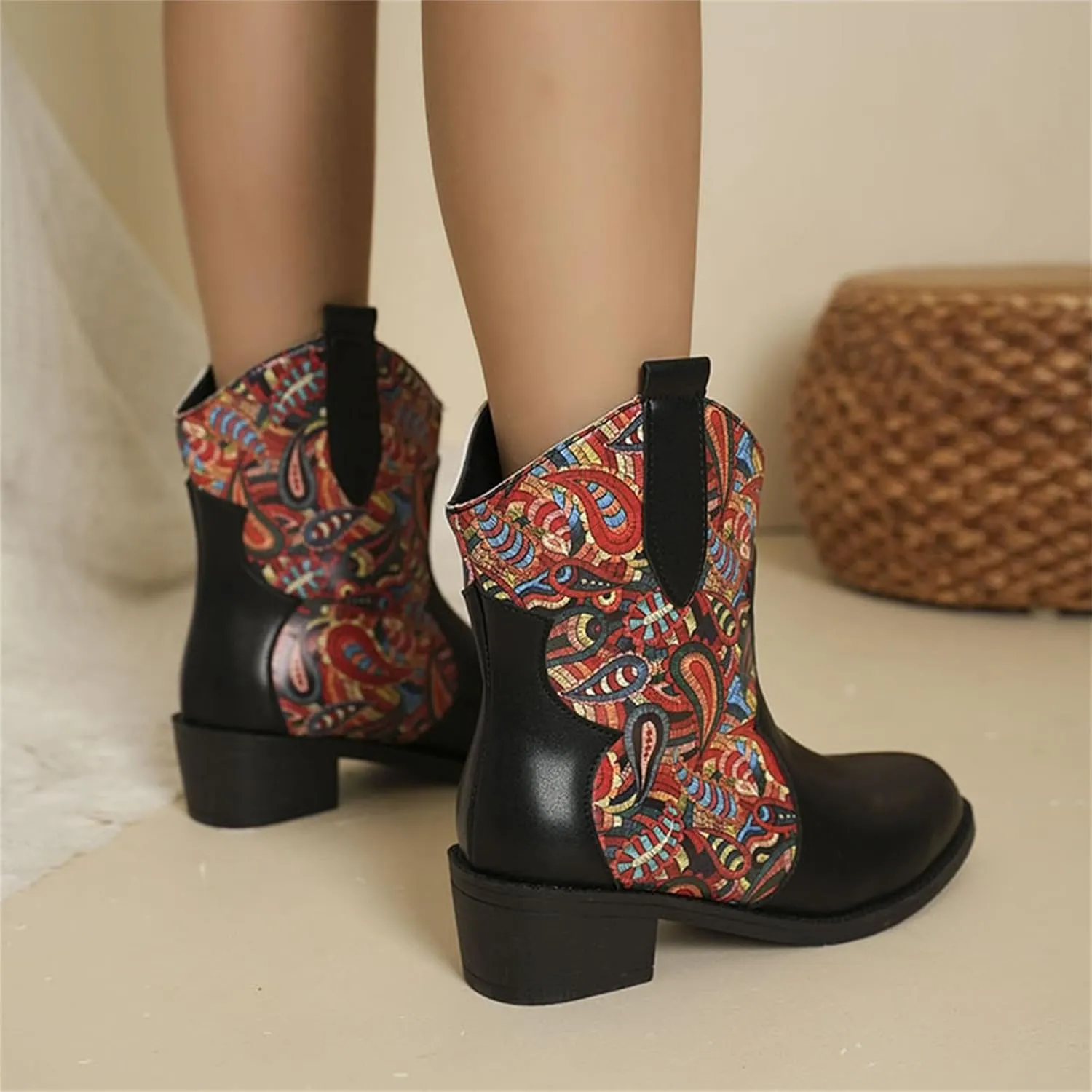 Ankle Cowboy Boots for Women Botas Mujer Heels Boots Leather Wedge Boots for Women Mens Black Round toe Ankle High Western Boots Wide Width Dress Booties for Women Plus Size