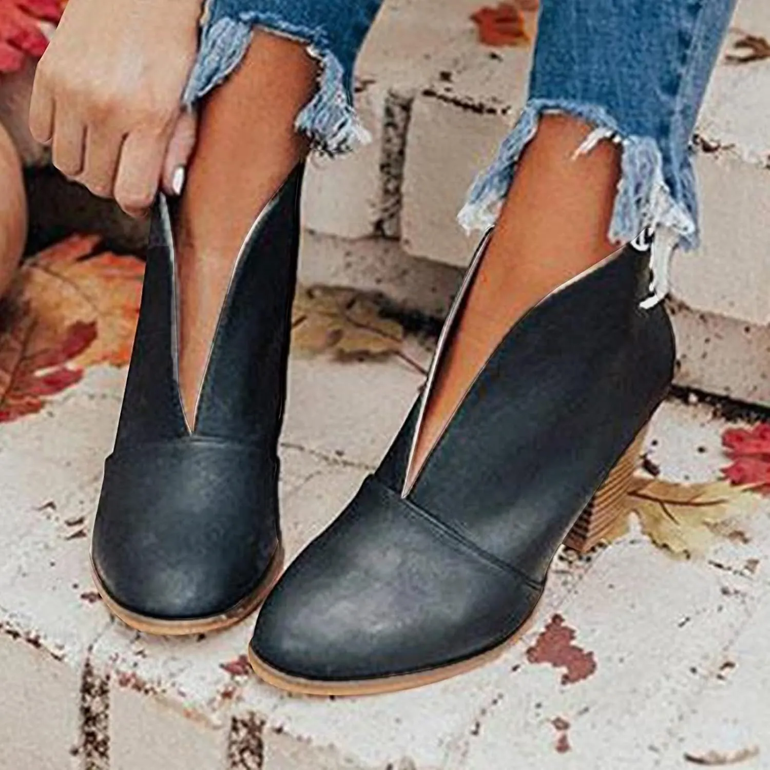 Arch Support Wedge Ankle Boots for Women V Cut Pull On Stacked Chunky Block Mid Heel Booties Comfy Walking Wide Width Orthopedic Short Boots for Women Winter Fall Party Dressy
