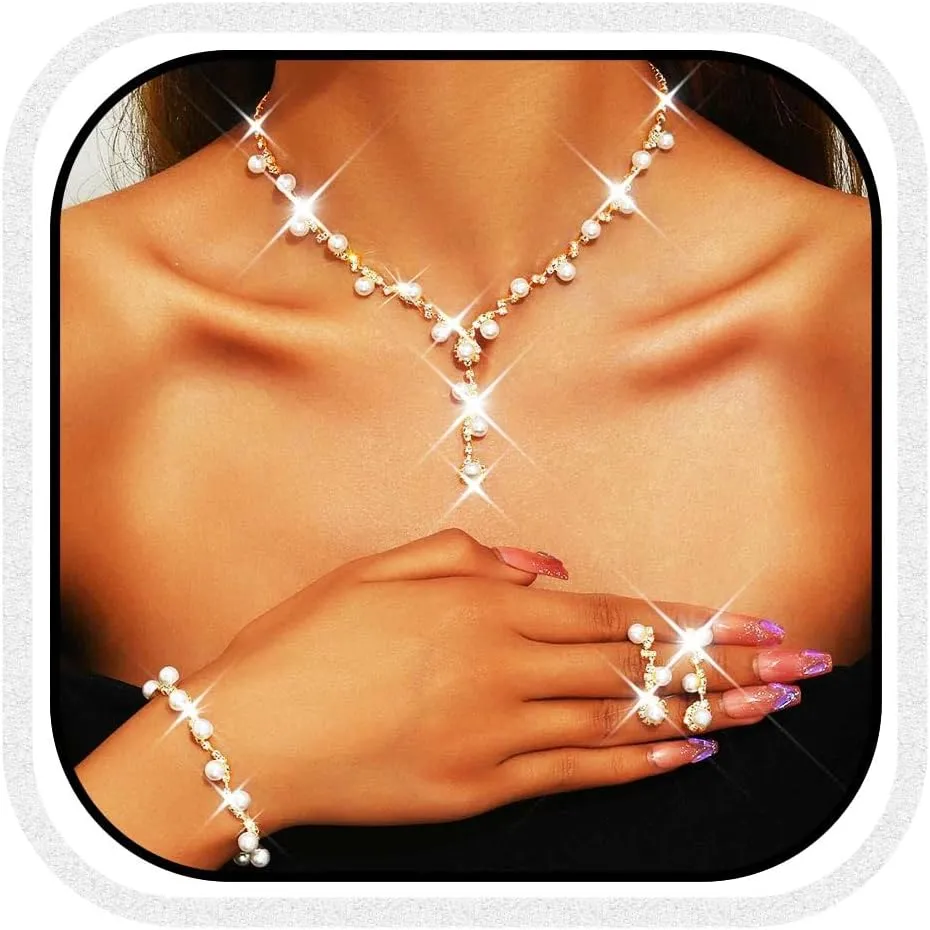 Aukmla Pearl Bridal Wedding Jewelry Set Silver Rhinstone Necklace Earrings Bracelet Sets Prom Costume Jewelry for Women and Brides