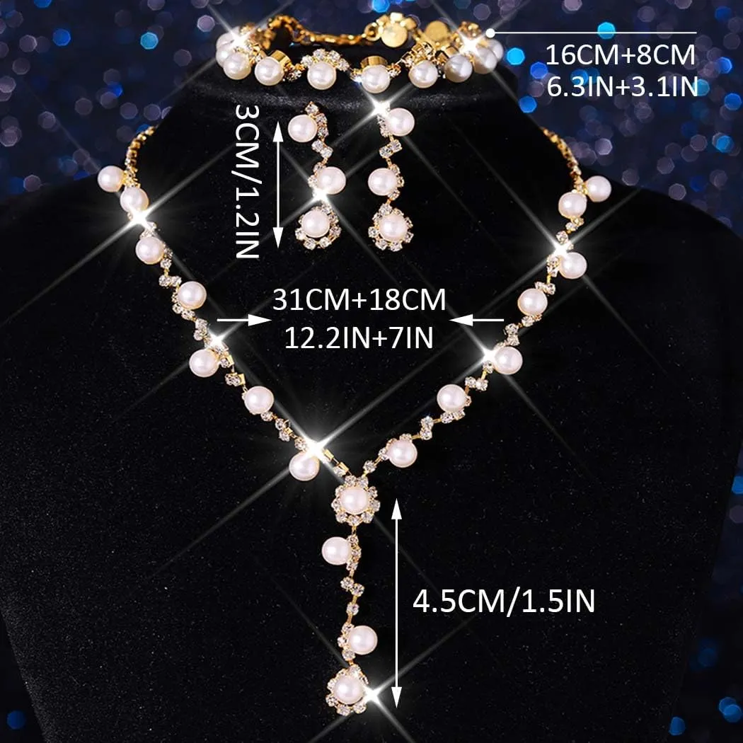 Aukmla Pearl Bridal Wedding Jewelry Set Silver Rhinstone Necklace Earrings Bracelet Sets Prom Costume Jewelry for Women and Brides