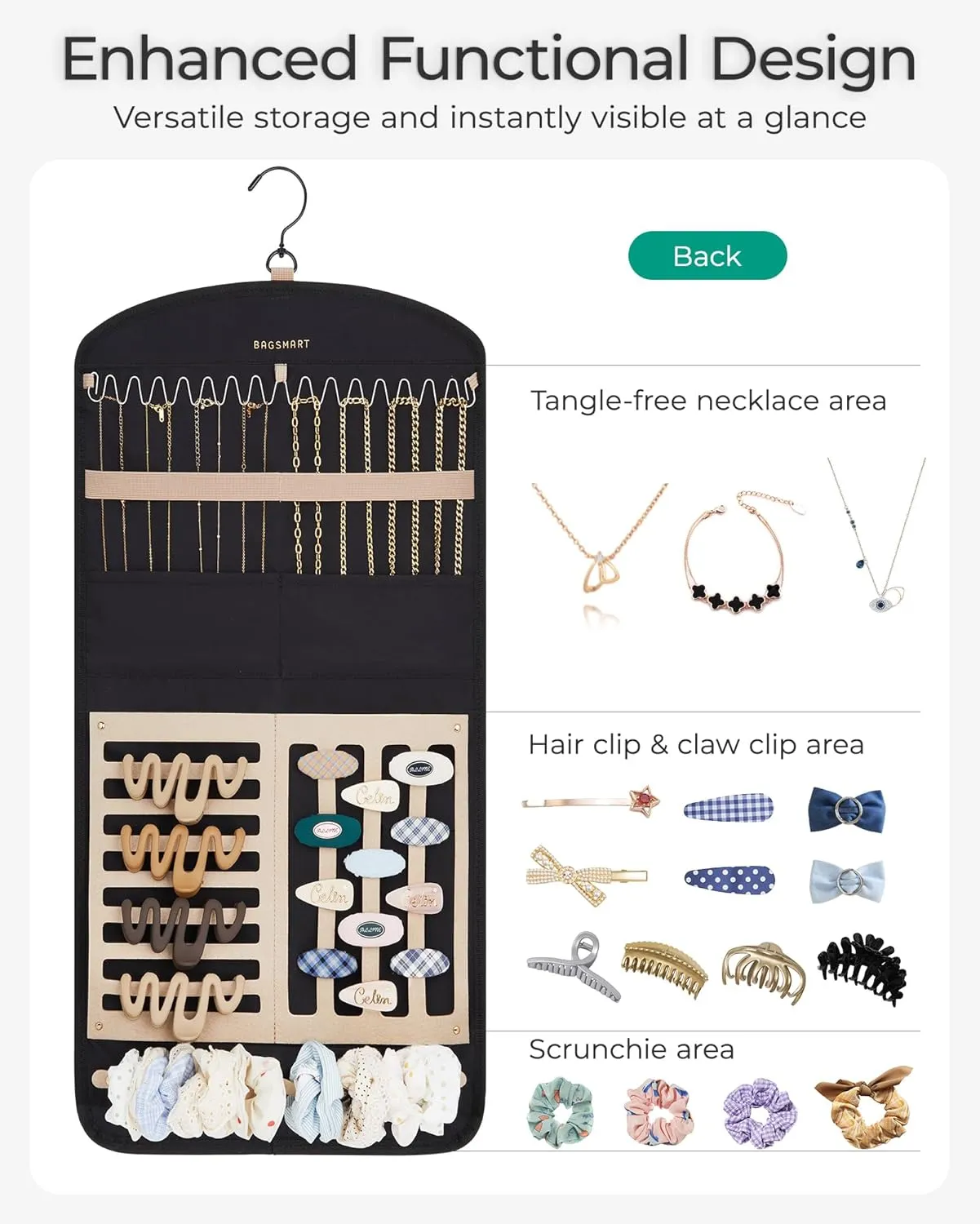 BAGSMART Hanging Jewelry Organizer Claw Clip Necklace Holder Roll for Hair Ties, Headbands, Clips, Earrings, Necklaces, Glasses Double-Sided on Closet, Wall, Door, 1 piece, Large-Teal