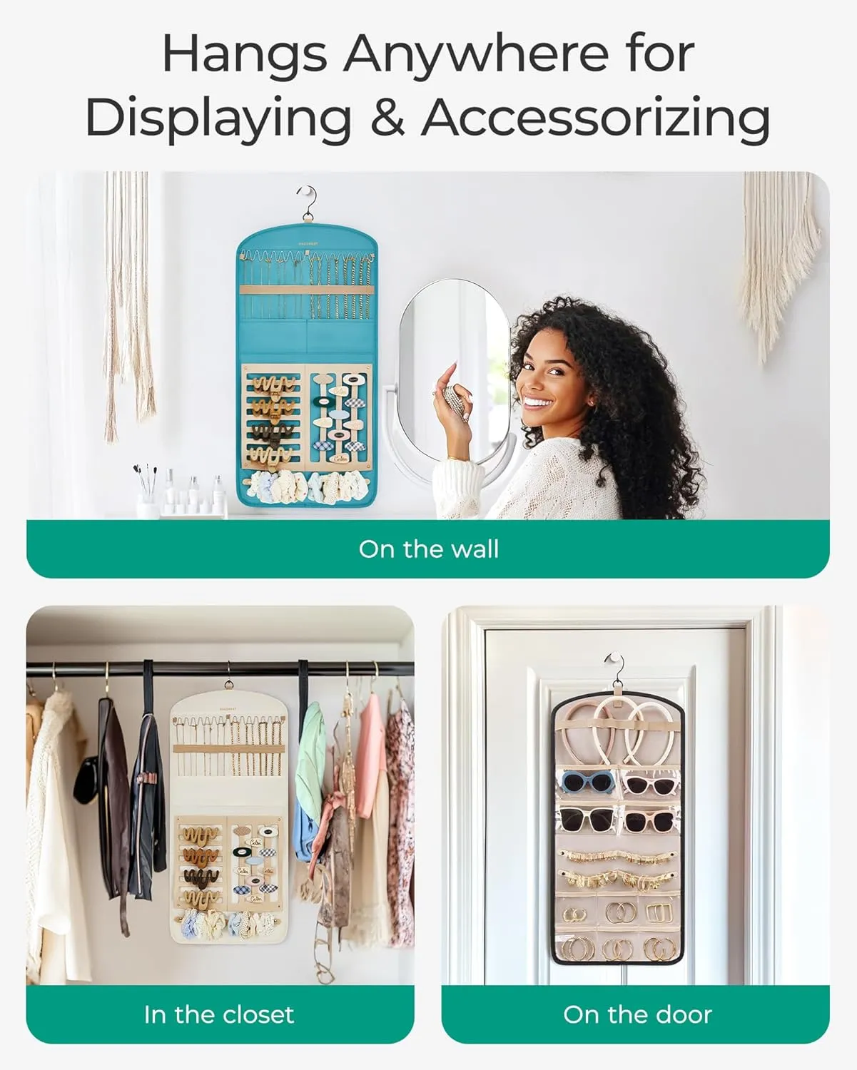 BAGSMART Hanging Jewelry Organizer Claw Clip Necklace Holder Roll for Hair Ties, Headbands, Clips, Earrings, Necklaces, Glasses Double-Sided on Closet, Wall, Door, 1 piece, Large-Teal