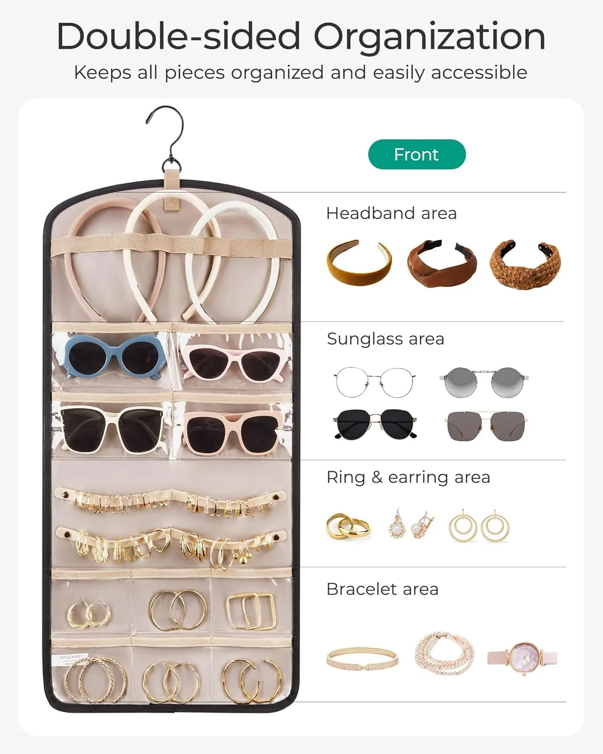 BAGSMART Hanging Jewelry Organizer Claw Clip Necklace Holder Roll for Hair Ties, Headbands, Clips, Earrings, Necklaces, Glasses Double-Sided on Closet, Wall, Door, 1 piece, Large-Teal