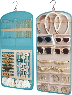 BAGSMART Hanging Jewelry Organizer Claw Clip Necklace Holder Roll for Hair Ties, Headbands, Clips, Earrings, Necklaces, Glasses Double-Sided on Closet, Wall, Door, 1 piece, Large-Teal
