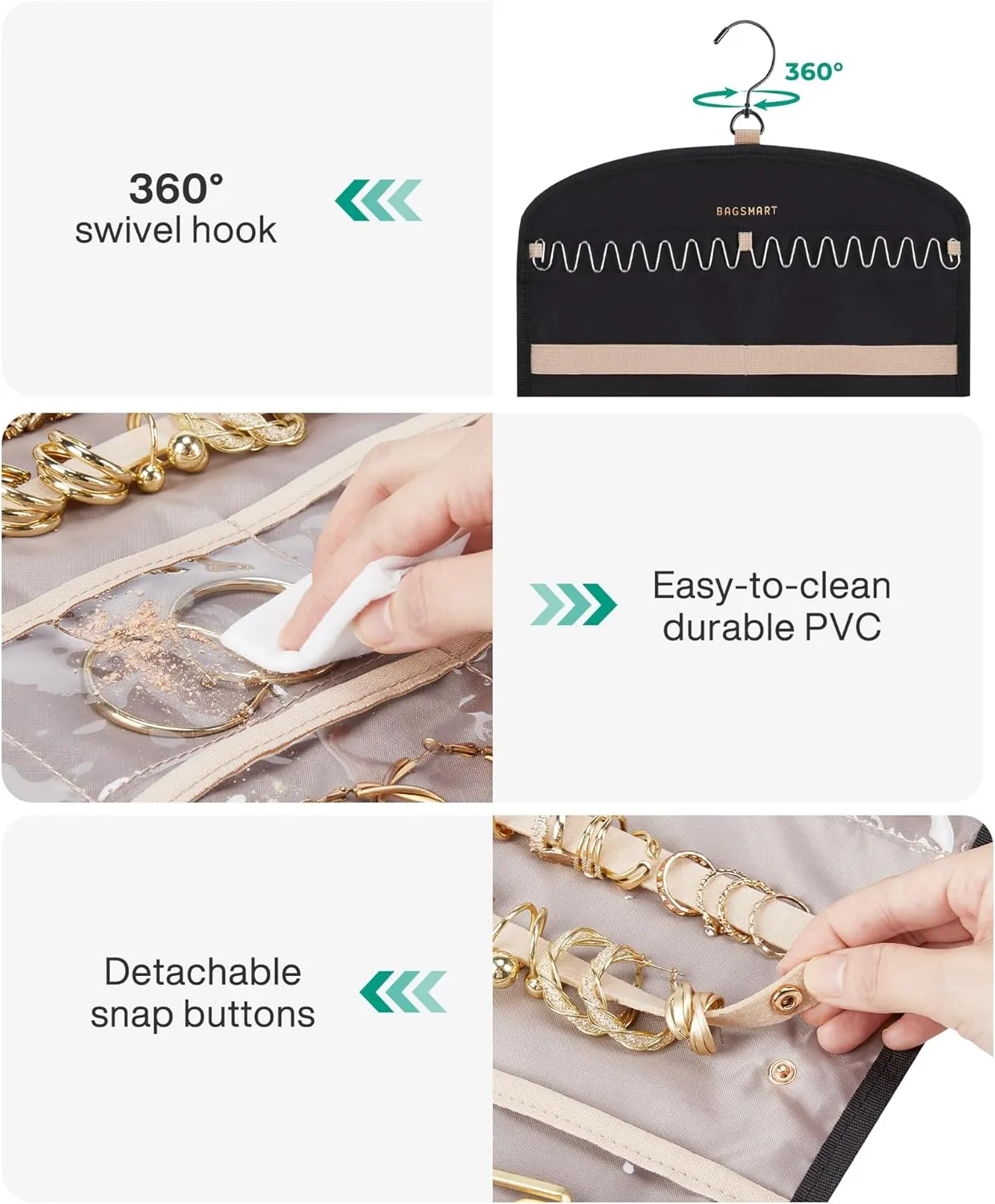 BAGSMART Hanging Jewelry Organizer Claw Clip Necklace Holder Roll for Hair Ties, Headbands, Clips, Earrings, Necklaces, Glasses Double-Sided on Closet, Wall, Door, 1 piece, Large-Teal
