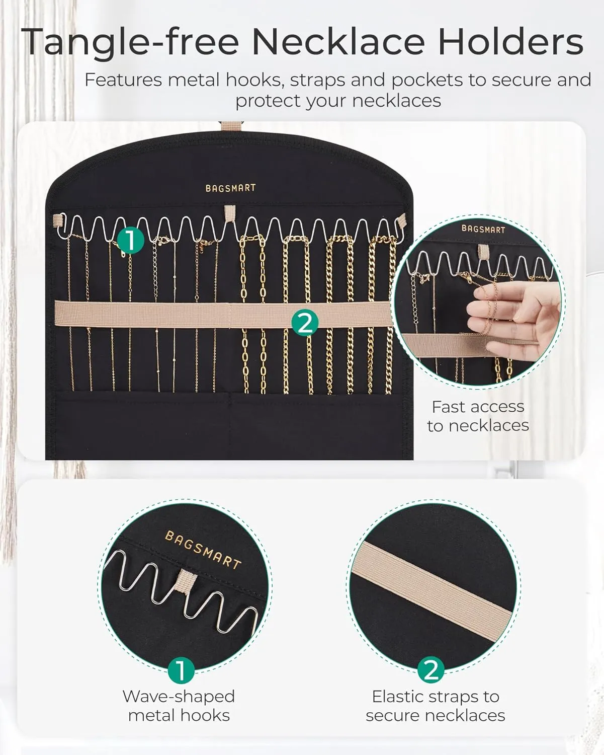 BAGSMART Hanging Jewelry Organizer Claw Clip Necklace Holder Roll for Hair Ties, Headbands, Clips, Earrings, Necklaces, Glasses Double-Sided on Closet, Wall, Door, 1 piece, Large-Teal
