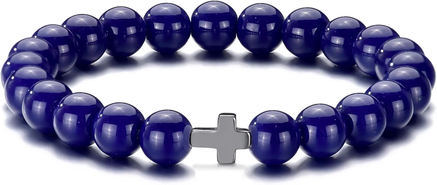 Beaded Bracelets for Men Women 8mm Bead Stretch Bracelets Cross Bracelets Unisex