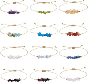 Beadthoven 12pcs Adjustable Braided Nylon Cord Bracelets Mixed Gemstone Beaded Bracelets Healing Crystal Birthstone Bead Bracelets Slider Bracelets For Women and Men Friendship Bracelets
