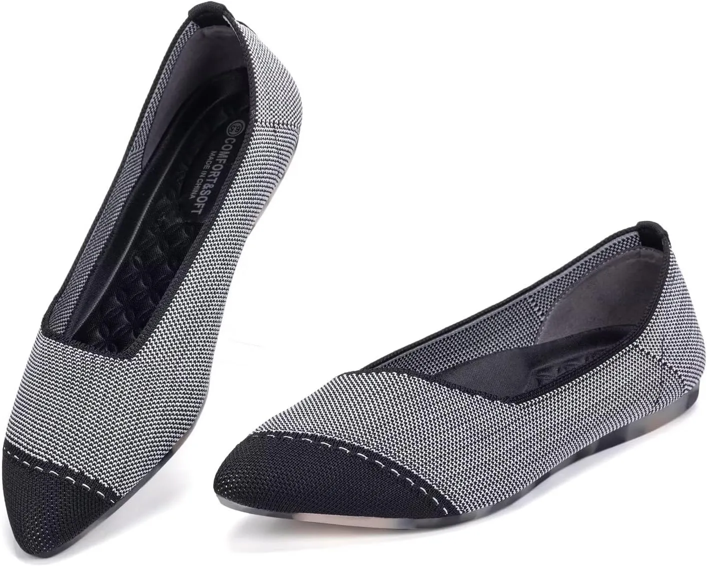 BEJINASH Women's Flats Black Pointed Toe Dress Shoes Knit Comfortable Flat Shoes for Woman Lightweight