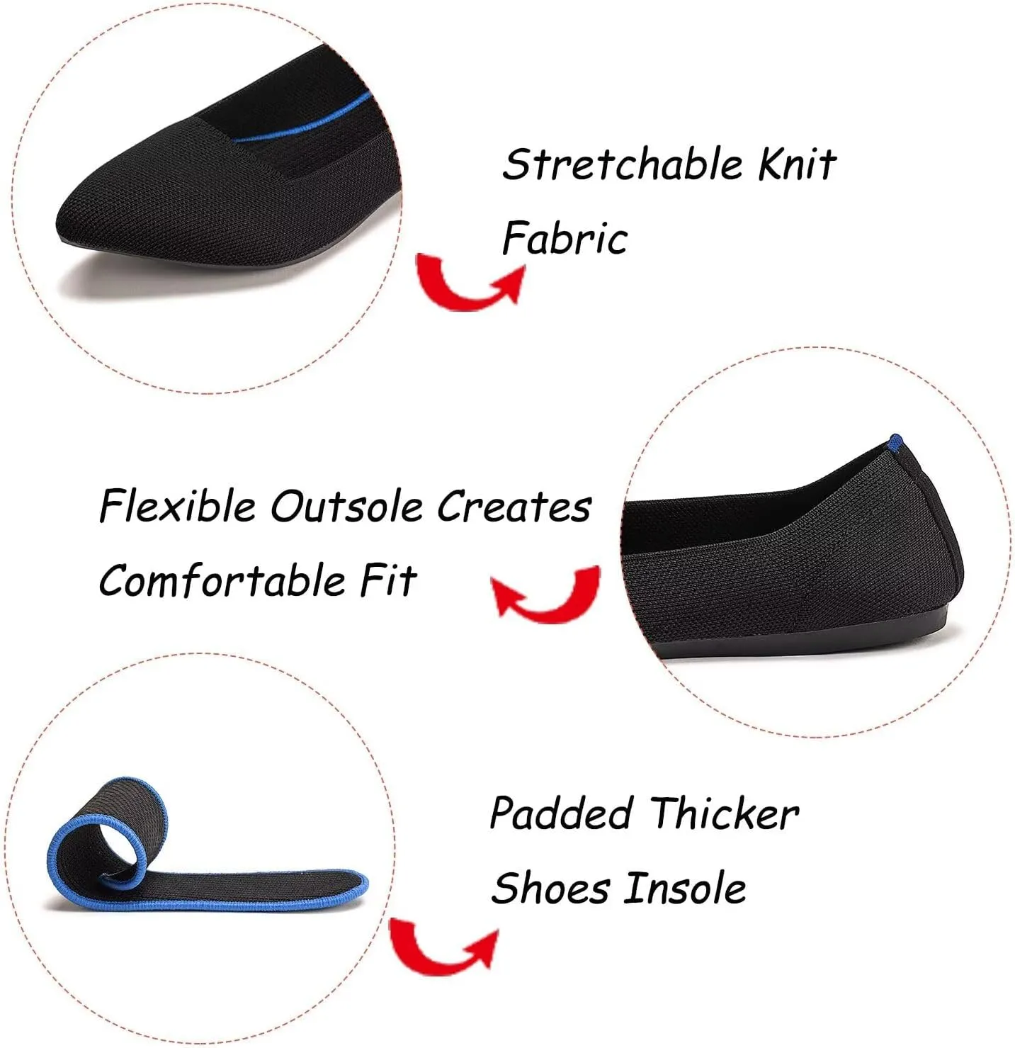BEJINASH Women's Flats Black Pointed Toe Dress Shoes Knit Comfortable Flat Shoes for Woman Lightweight