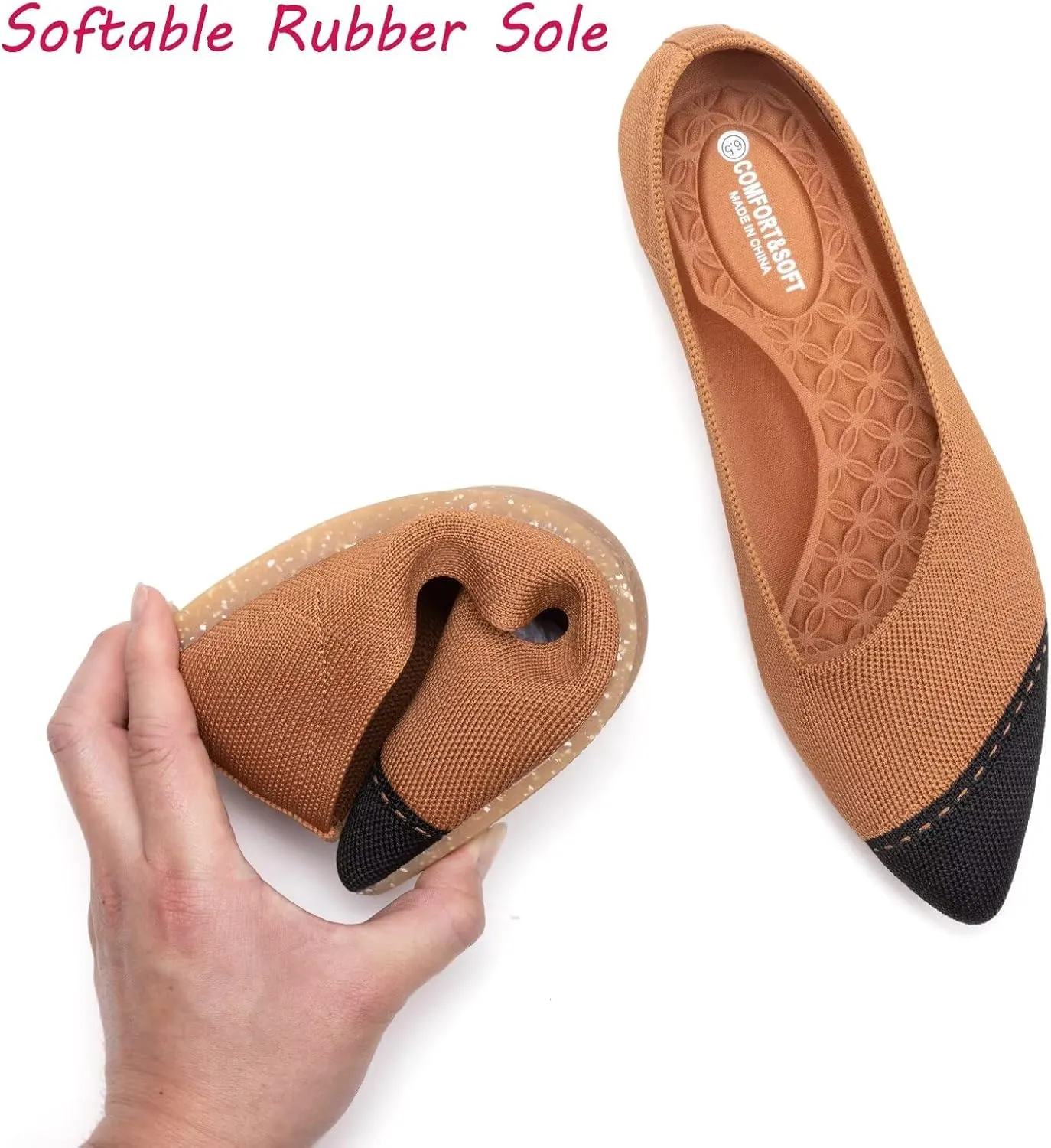 BEJINASH Women's Flats Black Pointed Toe Dress Shoes Knit Comfortable Flat Shoes for Woman Lightweight