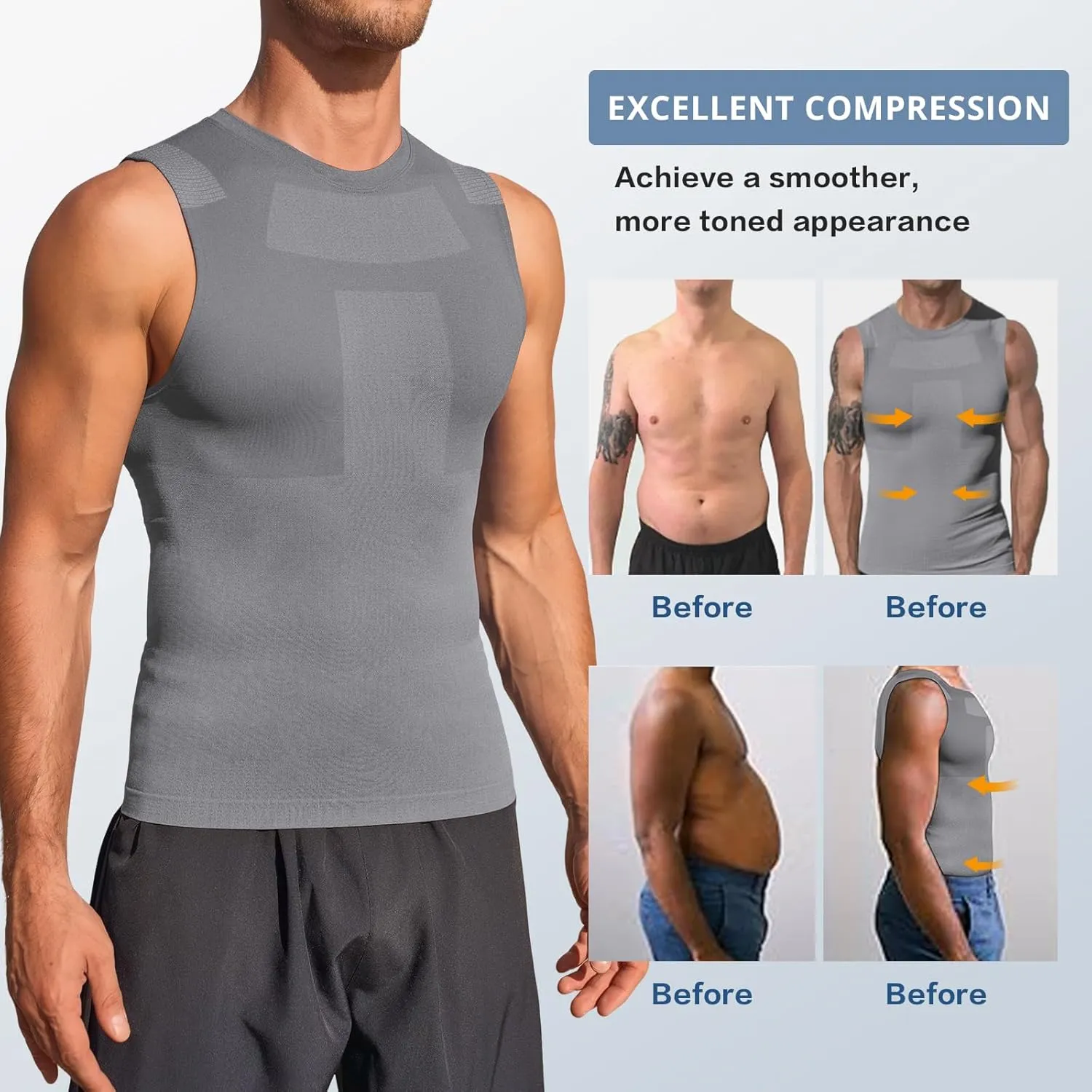 Beotyshow Mens Sleeveless Compression Shirt Slimming Body Shaper Vest Workout Tank Tops Shapewear Undershirts
