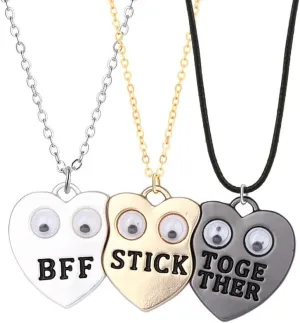 BFF Necklace For 3, Rotatable Eyes BFF Stick Together Heart Broken Stitching Pendant Necklaces Fun Friendship Matching Necklace For Women Best Friends Bestie Jewelry Gift