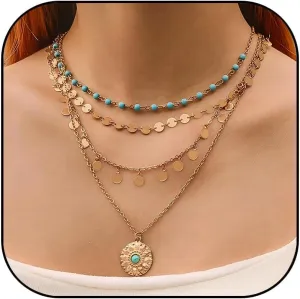 Boho Necklaces for Women Layered Turquoise Beaded Western Necklaces Vintage Bohemian Coin Pendant Country Beach Jewelry Accessories