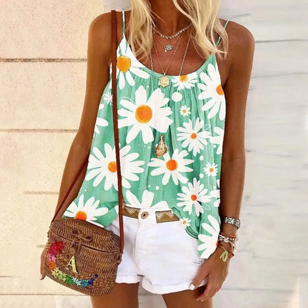 Boho Tank Tops for Women Dasiy Printed Loose Fit Flowy Cami Shirts Lightweight Summer Cute Beach Outfits Trendy