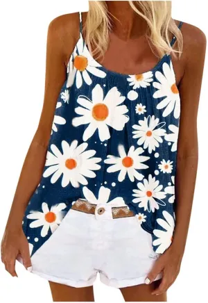 Boho Tank Tops for Women Dasiy Printed Loose Fit Flowy Cami Shirts Lightweight Summer Cute Beach Outfits Trendy